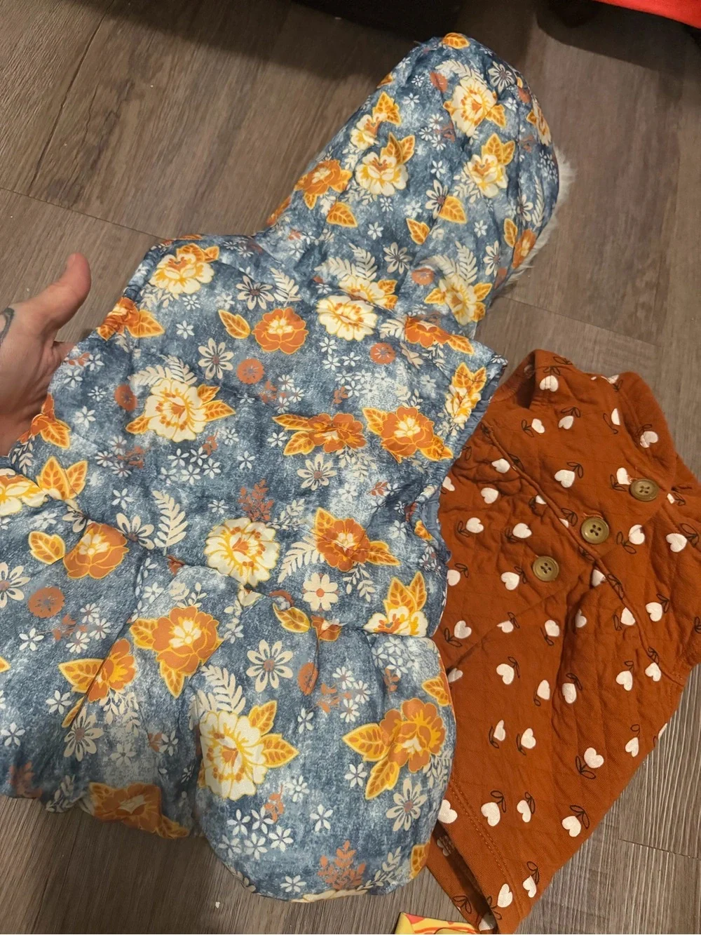 Girls' Blue Floral Puffer Jacket with Faux Fur Hood & Orange Heart Vest- 12 mth